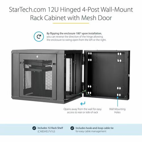 StarTech RK1232WALHM 12U Wall Mount Network Cabinet | 4-Post | Hinged | Lockable | Adjustable Depth
