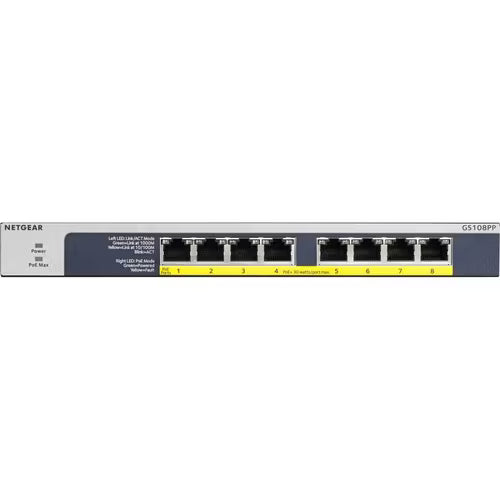 Netgear GS108PP 8-Port Gigabit PoE+ Unmanaged Switch | 120W PoE Budget | Desktop, Wall, or Rack Mount